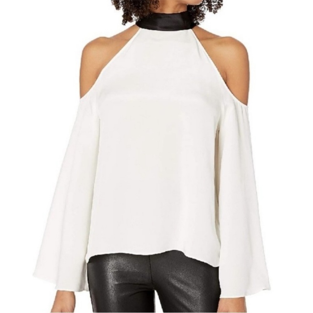 Ramy Brook Silk Ivory Cold Shoulder Blouse With Black Neck Tie | M